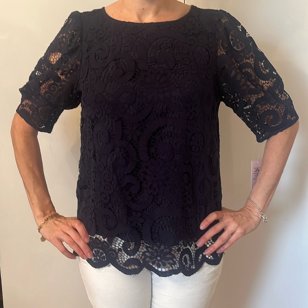 Nanette Lepore Navy Lace Short Sleeve Blouse